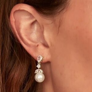 Azazie Silver and Pearl Teardrop Earrings